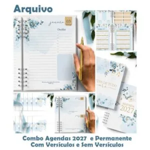 ARQUIVO COMBO 8 Agendas 2027 e Permanente COM VERSÍCULOS e SEM VERSÍCULOS Floral Azul