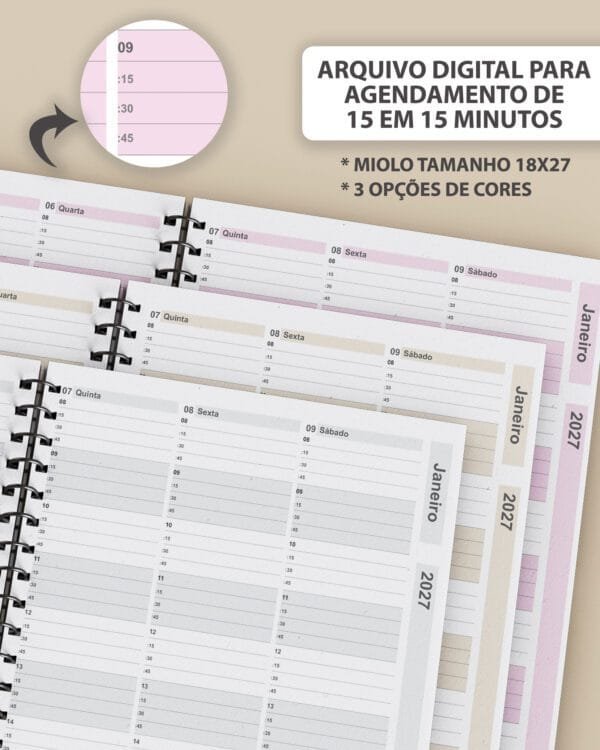 Arquivo Kit Agendamento Semanal 2027 de 15 em 15 minutos em 3 Cores